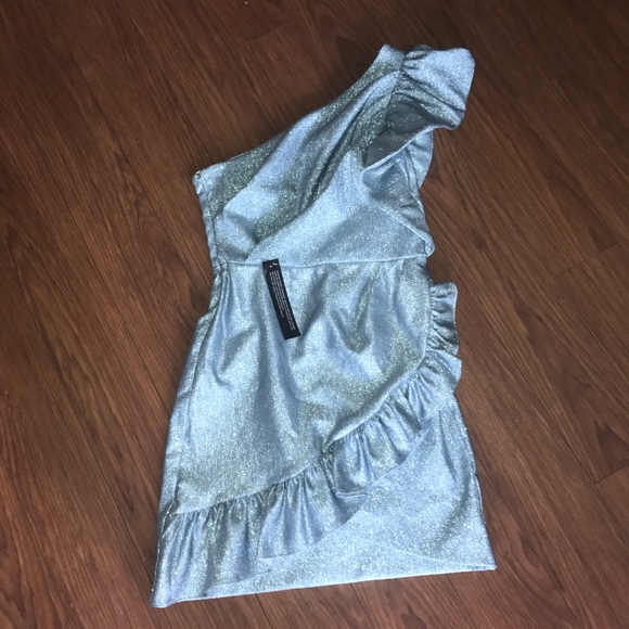 Topshop One Shoulder Glitter Textured Ruffled Mini Party Dress Size 6 NWT - Picture 2 of 6